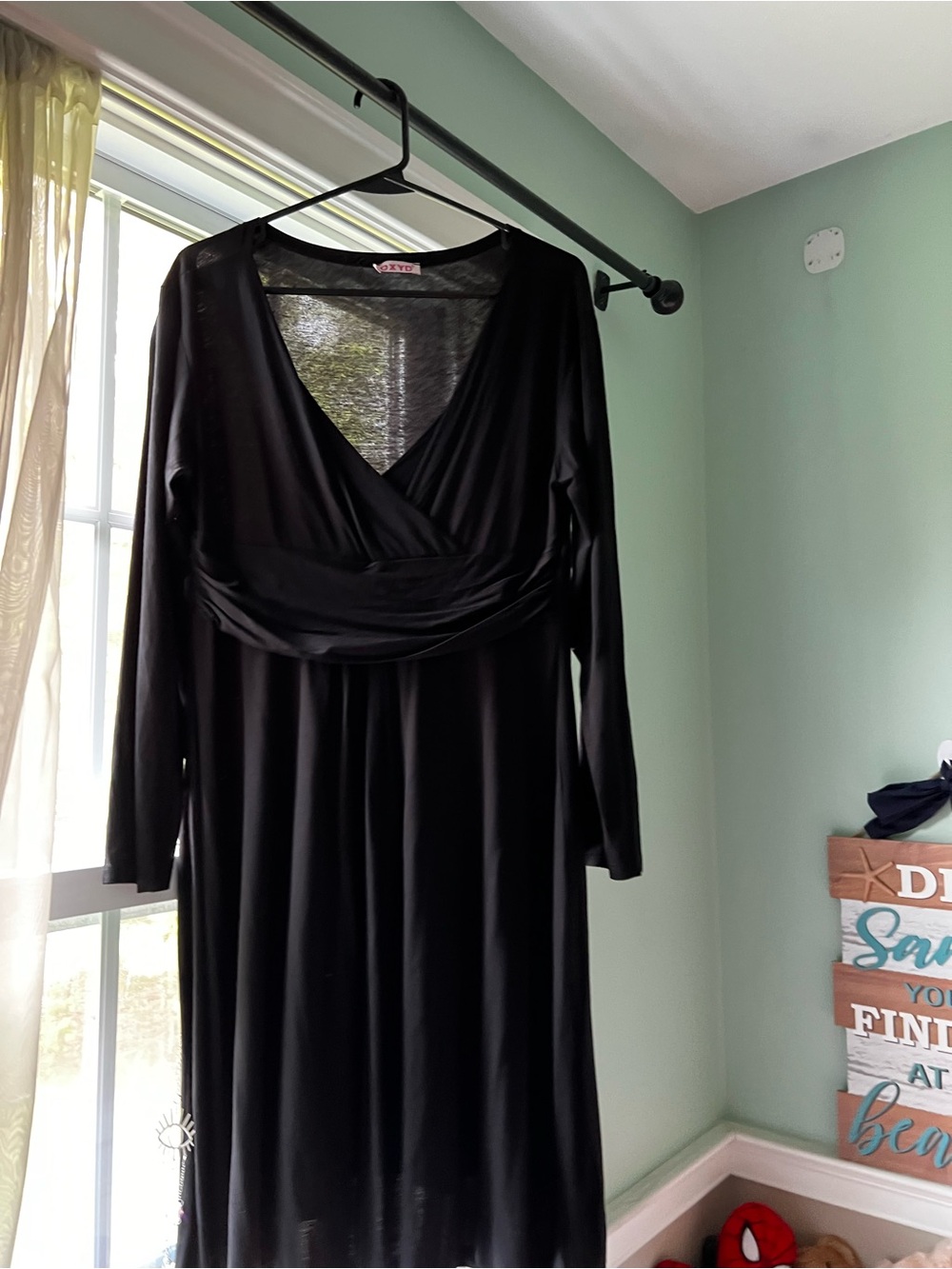 OXYD Womens Black Long Sleeve V-Neck Empire Waist Midi Dress